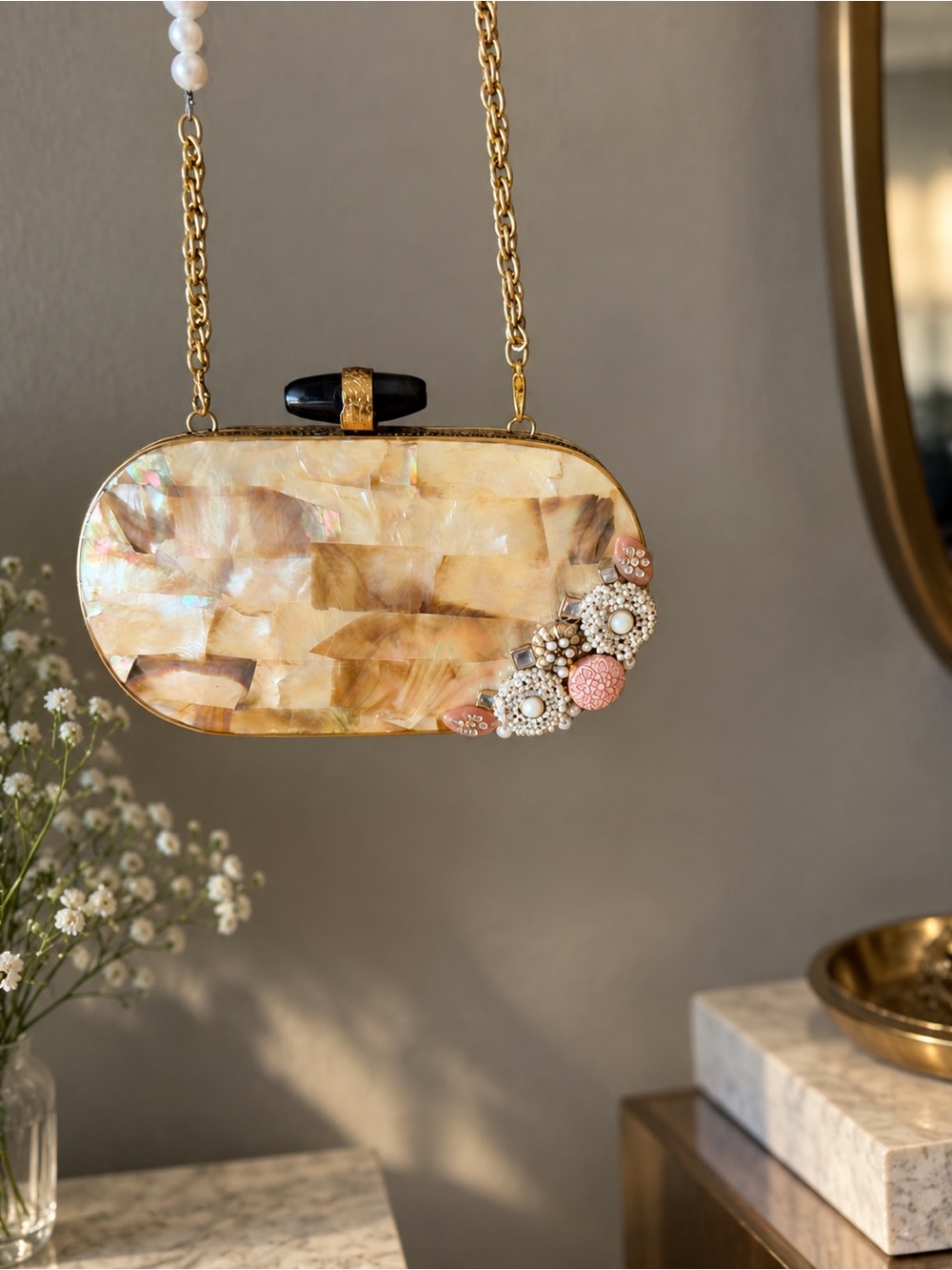 Pearlescent Shell Clutch with Pink Pearl Floral Accent